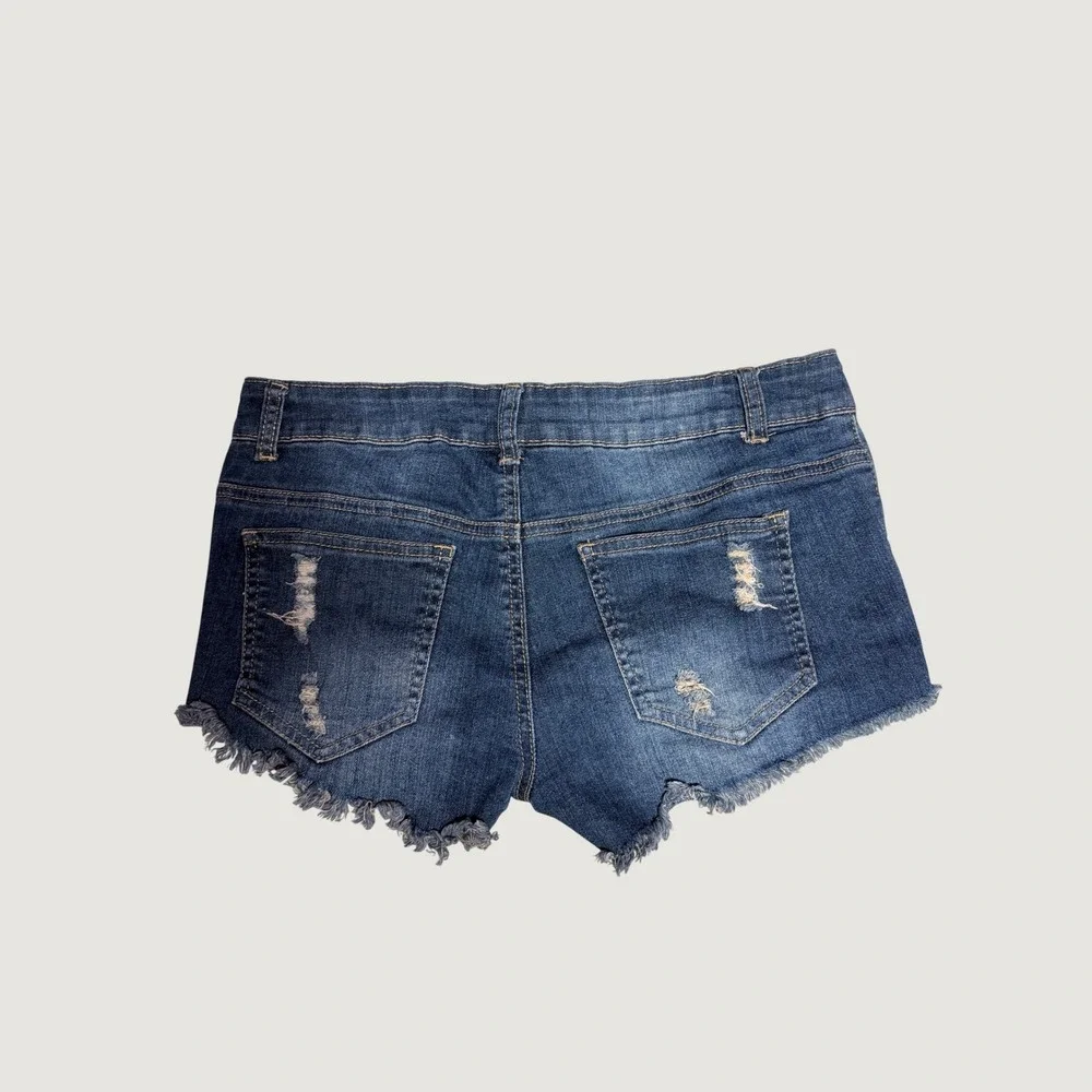 Y2K Hot Kiss Denim Shorts Blue Lace Crochet Distressed Cut Off Boho #16
